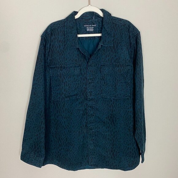American Eagle Outfitters Blue Button Down Cheetah Animal Lightweight Jacket 2XL - Picture 1 of 7